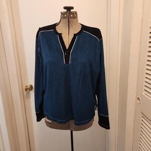 ERIKA Teal Blue & Black Colorblock Long Sleeve Henley Pullover Top – Size XL